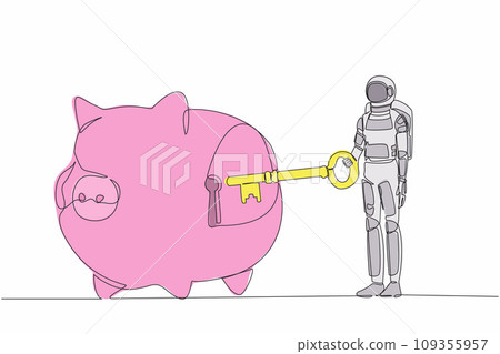 Continuous one line drawing young astronaut putting key into piggy bank. Personal saving or money security for spaceship expedition. Cosmonaut outer space. Single line draw design vector illustration Continuous one line drawing young astronaut putting key into piggy bank. Personal saving or money security for spaceship expedition. Cosmonaut outer space. Single line draw design vector illustration 109355957