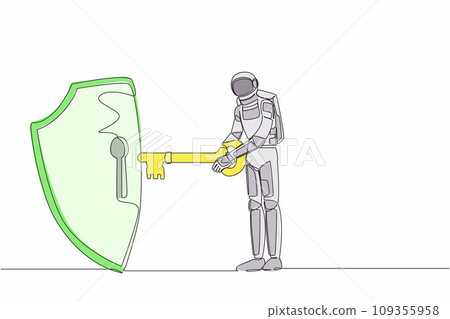 Single continuous line drawing of young astronaut put key into shield. Internet security and data protection in spaceship exploration. Cosmonaut deep space. One line design vector graphic illustration Single continuous line drawing of young astronaut put key into shield. Internet security and data protection in spaceship exploration. Cosmonaut deep space. One line design vector graphic illustration 109355958
