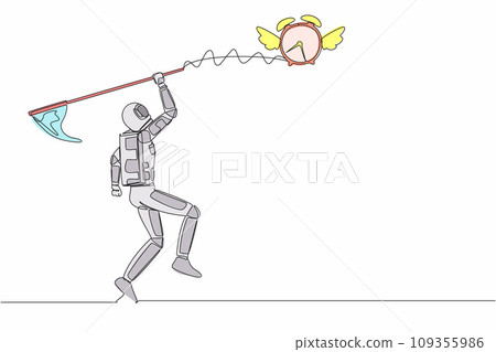 Single one line drawing astronaut try to catching flying alarm clock with butterfly net. Spaceship exploration with deadlines. Cosmic galaxy space. Continuous line graphic design vector illustration 109355986