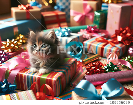 Adorable Kitten Among Colorful Gift Wrappings 109356059