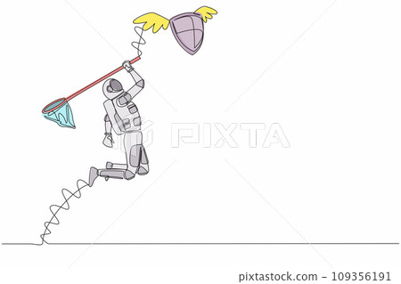 Continuous one line drawing young astronaut try to catching flying shield with butterfly net. Security for spaceship protection. Cosmonaut outer space. Single line graphic design vector illustration Continuous one line drawing young astronaut try to catching flying shield with butterfly net. Security for spaceship protection. Cosmonaut outer space. Single line graphic design vector illustration 109356191