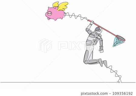 Continuous one line drawing young astronaut try to catching flying piggy bank with butterfly net. Money saving for spaceship investment. Cosmonaut outer space. Single line design vector illustration 109356192