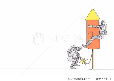 Continuous one line drawing young astronaut ignite firework rocket while his teammates prepare to fly on the rocket. Cosmonaut outer space concept. Single line draw graphic design vector illustration Continuous one line drawing young astronaut ignite firework rocket while his teammates prepare to fly on the rocket. Cosmonaut outer space concept. Single line draw graphic design vector illustration 109356194