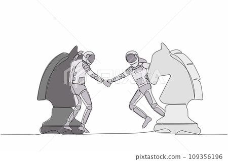 Single continuous line drawing of young astronaut competitors standing on horse chess piece, handshaking after finish agreement. Cosmonaut deep space. One line draw graphic design vector illustration Single continuous line drawing of young astronaut competitors standing on horse chess piece, handshaking after finish agreement. Cosmonaut deep space. One line draw graphic design vector illustration 109356196