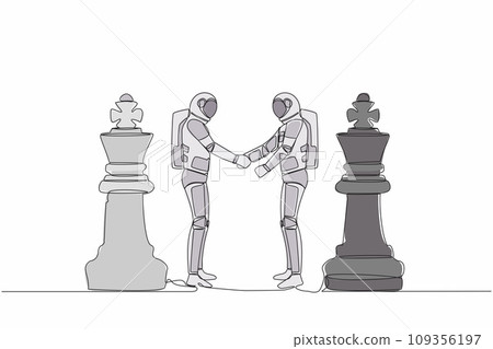 Continuous one line drawing of two astronaut shaking hands together while standing between of king chess pieces. Agreement or partnership. Cosmonaut outer space. Single line design vector illustration 109356197