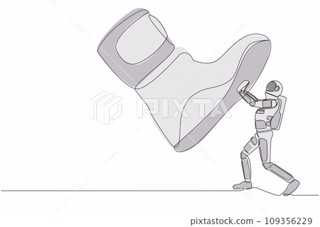 Single one line drawing young astronaut against giant shoes stomping. Spaceman push against giant foot step. Science development. Cosmic galaxy space. Continuous line draw design vector illustration Single one line drawing young astronaut against giant shoes stomping. Spaceman push against giant foot step. Science development. Cosmic galaxy space. Continuous line draw design vector illustration 109356229