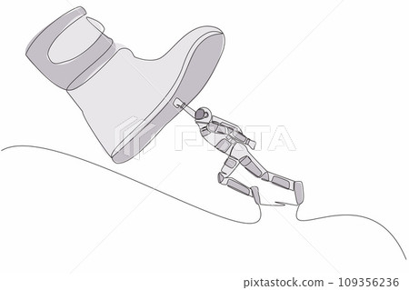 Single continuous line drawing young astronaut flying with jetpack against giant shoes stomping. Spaceman fly up against giant foot step. Cosmonaut deep space. One line draw design vector illustration 109356236