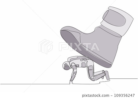 Single continuous line drawing of young astronaut crawling under giant foot trample. Spaceman oppressed by the boss with under big shoe. Cosmonaut deep space. One line draw design vector illustration 109356247