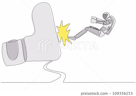 Single one line drawing young astronaut kicked out by big foot in moon surface. Bankruptcy, insolvency. Spaceman become unemployed. Cosmic galaxy space. Continuous line draw design vector illustration 109356253