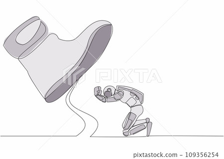 Single continuous line drawing young astronaut kneel down under giant feet. Concept for science authority, exploitation, dictator figure. Cosmonaut deep space. One line draw design vector illustration 109356254