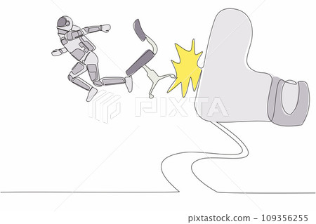 Single continuous line drawing young astronaut kicked out by big foot in moon surface. Spaceman kicked away from chair by giant feet. Cosmonaut deep space. One line design vector graphic illustration 109356255