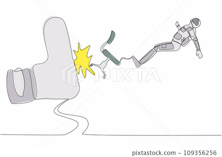 Continuous one line drawing young astronaut kicked out by big foot from chair in moon surface. Staff reduction in spaceship company. Cosmonaut outer space. Single line draw design vector illustration Continuous one line drawing young astronaut kicked out by big foot from chair in moon surface. Staff reduction in spaceship company. Cosmonaut outer space. Single line draw design vector illustration 109356256