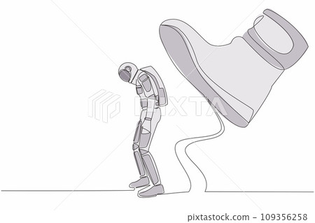 Single one line drawing young astronaut standing weak under huge boot shoe, being fired from company. Future science development. Cosmic galaxy space. Continuous line draw design vector illustration Single one line drawing young astronaut standing weak under huge boot shoe, being fired from company. Future science development. Cosmic galaxy space. Continuous line draw design vector illustration 109356258