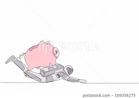 Single one line drawing young astronaut under heavy piggy bank burden in moon surface. Broke and financial problems in space industry. Cosmic galaxy space. Continuous line design vector illustration Single one line drawing young astronaut under heavy piggy bank burden in moon surface. Broke and financial problems in space industry. Cosmic galaxy space. Continuous line design vector illustration 109356275