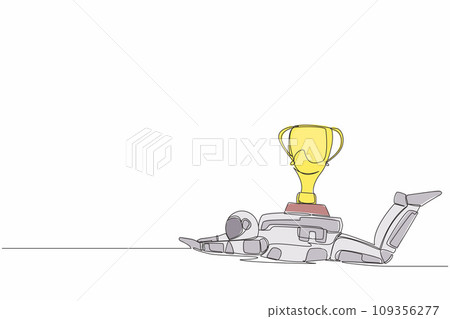Single continuous line drawing young astronaut under heavy trophy burden. Spaceman fail to achieve expedition goal. Delayed operation. Cosmonaut deep space. One line design vector graphic illustration Single continuous line drawing young astronaut under heavy trophy burden. Spaceman fail to achieve expedition goal. Delayed operation. Cosmonaut deep space. One line design vector graphic illustration 109356277