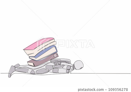 Continuous one line drawing young astronaut under heavy pile paper folder burden. Tired spaceman due to galactic exploration. Cosmonaut outer space. Single line draw graphic design vector illustration 109356278