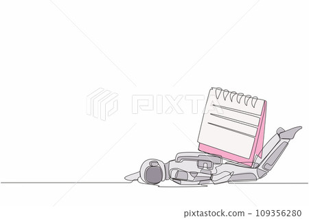 Single continuous line drawing young astronaut under heavy calendar burden. Tired spaceman with expedition problem and deadline. Cosmonaut deep space. One line draw design vector graphic illustration 109356280
