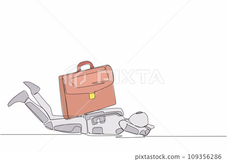 Continuous one line drawing young astronaut under heavy briefcase burden in moon surface. Pressure from too much responsibility. Cosmonaut outer space. Single line graphic design vector illustration Continuous one line drawing young astronaut under heavy briefcase burden in moon surface. Pressure from too much responsibility. Cosmonaut outer space. Single line graphic design vector illustration 109356286