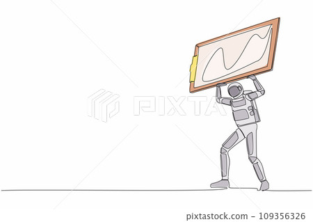 Continuous one line drawing of young astronaut carrying heavy clipboard on his back. Spaceman with checklist space tasks document. Cosmonaut outer space. Single line graphic design vector illustration Continuous one line drawing of young astronaut carrying heavy clipboard on his back. Spaceman with checklist space tasks document. Cosmonaut outer space. Single line graphic design vector illustration 109356326