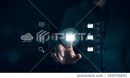 DMS document management system concept. Businessman working and using online documentation database management software technology. Process automation to manage files efficiently. Cloud data computing DMS document management system concept. Businessman working and using online documentation database management software technology. Process automation to manage files efficiently. Cloud data computing 109356685