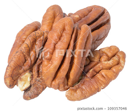 Pecan nut on white isolated background Pecan nut on white isolated background 109357046