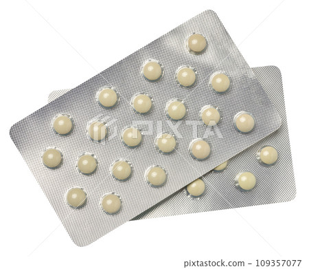 Blister pack with round pills on a white isolated background 109357077