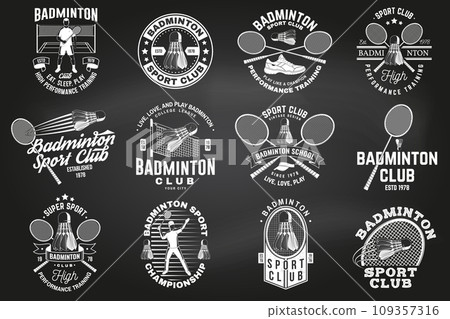 Set of badminton sport badge, patch, emblem, logo on chalkboard. Vector illustration. Vintage badminton label with racket, player and shuttlecock silhouettes. Concept for shirt or logo, print, stamp Set of badminton sport badge, patch, emblem, logo on chalkboard. Vector illustration. Vintage badminton label with racket, player and shuttlecock silhouettes. Concept for shirt or logo, print, stamp 109357316