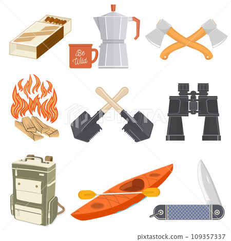 Set of camping equipment collection. Vector illustration. Set include: backpack, kayak, canoe, axe, camping knife, match box, campfire, hiking shovel and binocular 109357337