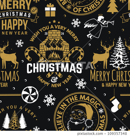 Merry Christmas and Happy New Year seamless pattern with snowflakes, hanging christmas ball, Santa Claus, fireplace, candy. Vector illustration. Christmas background with new year emblem in retro 109357348