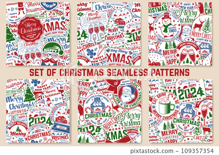 Set of Merry Christmas and Happy New Year 2024 seamless pattern with snowflakes, hanging Christmas ball, Santa Claus, snowman, candy. Vector illustration. Christmas background with new year sticker 109357354