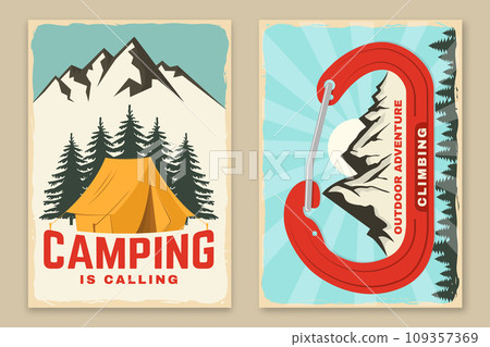 Set of camping retro posters. Vector. Vintage typography design with forest pine tree, camping tent, mountain and old metal climbing ice-axe silhouette. Outdoors adventure 109357369
