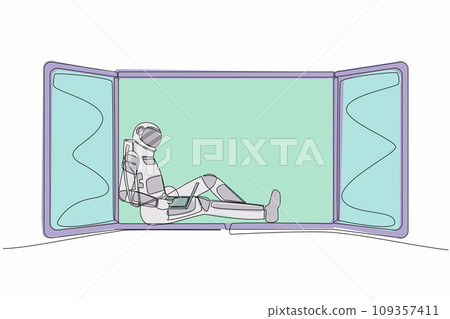 Single one line drawing young astronaut freelancer sitting on windowsill, working using laptop. Remote work from moon surface. Cosmic galaxy space. Continuous line design graphic vector illustration 109357411