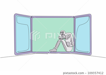Single one line drawing stressed young astronaut sitting on windowsill. Depression, stress, despair, tech problem. Cosmic galaxy space concept. Continuous line draw design graphic vector illustration 109357412