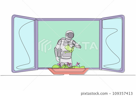 Single continuous line drawing young astronaut watering flowers on the balcony in moon surface. Home green garden, house plants growing. Cosmonaut deep space. One line draw design vector illustration Single continuous line drawing young astronaut watering flowers on the balcony in moon surface. Home green garden, house plants growing. Cosmonaut deep space. One line draw design vector illustration 109357413