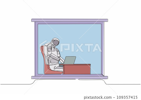Single one line drawing young astronaut sitting and working at desk and using laptop near window in moon surface. Cosmic galaxy space concept. Modern continuous line design graphic vector illustration 109357415