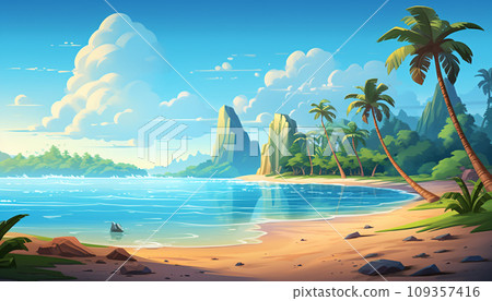 Tropical beach, turquoise sea water, ocean wave, yellow sand, green palms, sun blue sky, white clouds, beautiful seascape, AI Generated. 109357416