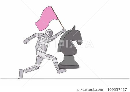 Continuous one line drawing astronaut running and holding flag beside horse chess piece. Celebrating triumph of intergalactic expedition. Cosmonaut outer space. Single line design vector illustration 109357437