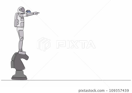 Single one line drawing astronaut on top big horse chess piece using binocular. Looking for new expedition. Cosmic galaxy space concept. Modern continuous line draw design graphic vector illustration 109357439
