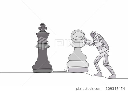 Continuous one line drawing astronaut push huge pawn chess piece to take down king. Big dreams conquer intergalactic exploration. Cosmonaut outer space. Single line design vector graphic illustration 109357454
