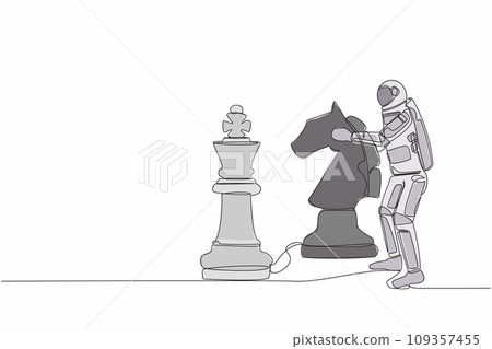 Single continuous line drawing young astronaut holding horse knight chess piece to beat king chess. Space business victory step. Cosmonaut deep space. One line draw graphic design vector illustration 109357455