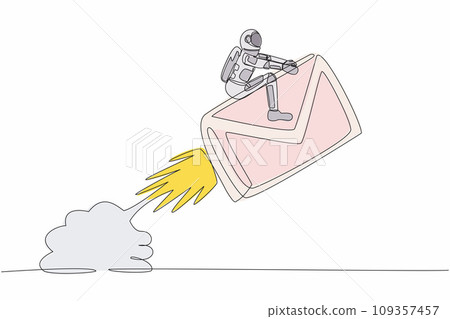 Single continuous line drawing astronaut riding paper envelope rocket flying in moon surface. Launching inter-galaxy digital messaging. Cosmonaut deep space. One line draw design vector illustration 109357457