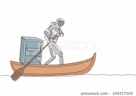 Single continuous line drawing astronaut sailing away on boat with safe deposit box. Bank deposit protection for space mission. Cosmonaut deep space. One line draw graphic design vector illustration Single continuous line drawing astronaut sailing away on boat with safe deposit box. Bank deposit protection for space mission. Cosmonaut deep space. One line draw graphic design vector illustration 109357509