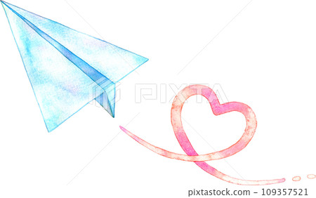 Watercolor illustration of a paper airplane flying with a heart shape 109357521