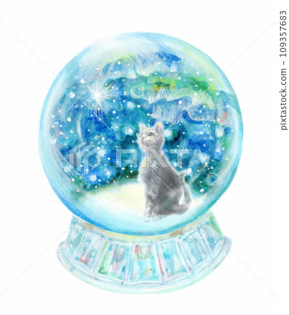 Cat looking up at the stars inside a snow globe 109357683