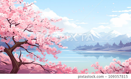 手绘卡通唯美的春天里的樱花插画 109357815