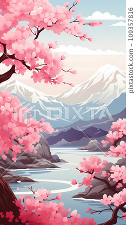 手绘卡通唯美的春天里的樱花插画 109357816