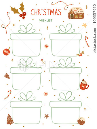 Christmas wishes template blank with gift boxes shaped decorated Christmas gingerbread cookies. Vector winter gift list. Christmas wishes template blank with gift boxes shaped decorated Christmas gingerbread cookies. Vector winter gift list. 109357930