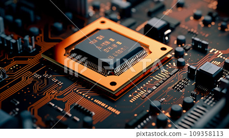A close-up of a circuit board reveals the minuscule computer chip at its core. Generative AI A close-up of a circuit board reveals the minuscule computer chip at its core. Generative AI 109358113