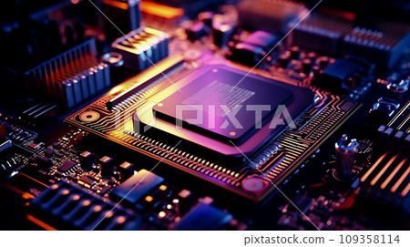 A close-up of a circuit board reveals the minuscule computer chip at its core. Generative AI 109358114