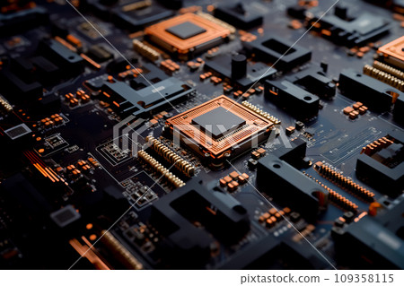 A close-up of a circuit board reveals the minuscule computer chip at its core. Generative AI A close-up of a circuit board reveals the minuscule computer chip at its core. Generative AI 109358115